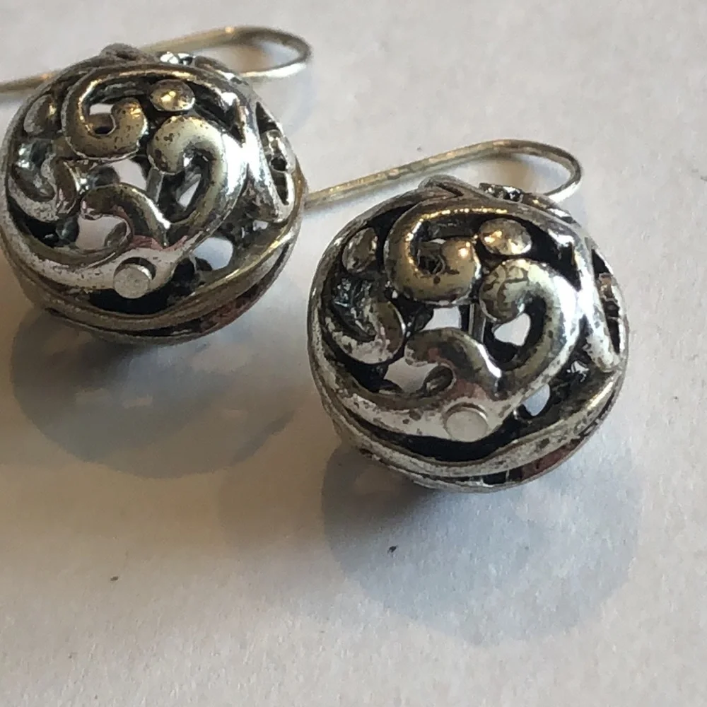 Elegant Silver Tone Filigree Beaded Ball Earrings
